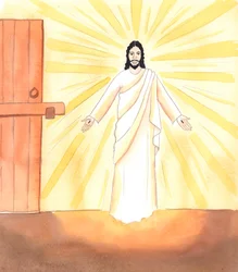 Come Gesù entrò silenziosamente attraverso una porta chiusa a chiave per stare con i suoi amici nel Cenacolo e portare loro coraggio e gioia, così Egli viene silenziosamente da noi quando riponiamo la nostra fiducia in Lui, 2005 (acquerello su carta)