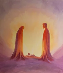 Maria e Giuseppe guardano con fede il bambino Gesù alla sua Natività