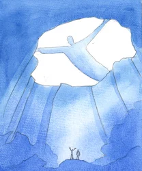 Il Padre vede tutto ciò che ci accade, mentre viviamo e lavoriamo nelle "tenebre" della vita terrena, come in una profonda caverna, molto al di sotto della gloria del cielo, 2005 (acquerello su carta)