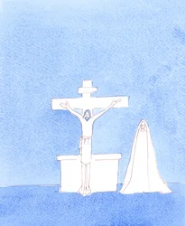 Il Cristo risorto è realmente presente con noi, dopo la consacrazione, pregando il Padre affinché i peccatori siano perdonati, proprio come ha pregato dalla croce sul Calvario, 2004 (acquerello su carta)