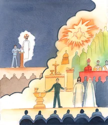 Ci sono colloqui pubblici per i curiosi, durante i quali gli oratori raccontano la loro amicizia personale con Gesù, rafforzata da ciò che leggono nella Bibbia, 2005 (acquerello su carta)