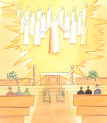 Quando un uomo e una donna stanno per pronunciare le loro promesse di matrimonio in una chiesa cattolica, Cristo è presente con tutti i suoi santi, per assistere al matrimonio, che è un sacramento della Chiesa, 2005 (acquerello su carta)