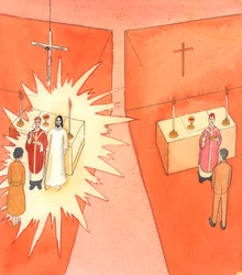 Quando il pane e il vino vengono consacrati da un sacerdote cattolico, si trasformano nel Sacro Corpo e Sangue di Cristo; e Cristo trasforma il comunicante, con la sua vita divina, 2005 (acquerello su carta)
