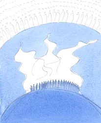 Ogni volta che la Chiesa sulla terra prega il Credo con fede e fervore, i Santi e gli Angeli, con la Santissima Trinità, si rallegrano nel vedere una tale esplosione di amore e di fede dalla terra, 2004 (acquerello su carta)