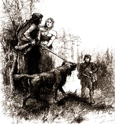 Il vecchio trapper Natty Bumppo e il suo cane Hector con Helene Wade e il cacciatore di api Paul Hover