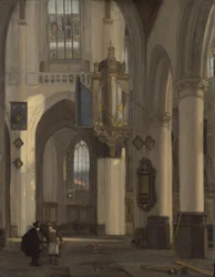 Interno di una chiesa gotica protestante con motivi dalla Oude e Nieuwe Kerk di Amsterdam