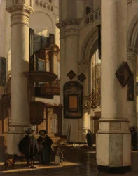 Interno di una chiesa protestante gotica, con un becchino nel coro