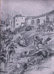 Il 2° Battaglione Cacciatori Bavaresi di Aschaffenberg a Lagarde agosto 1914, da La storia illustrata della guerra mondiale 1914-1915 pub. da Union Berlagsefellfchaft