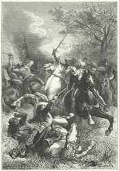 Gli Ironsides di Cromwell combattono la cavalleria realista nella guerra civile inglese (incisione)