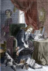 Ritratto dello scrittore francese Paul Scarron (1610-1660) autore di commedie burlesche, rappresentato su una sedia per invalidi, sua moglie Francoise d