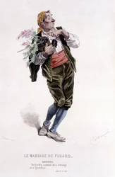 Opera completa di Beaumarchais (1732-1799) di Edouard Fournier. Disegno di Emile Bayard. Ed. Laplace, Sanchez et Cie, Parigi 1876. Questo è Antonio in "Le nozze di Figaro"