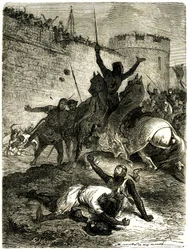 Crociata contro gli Albigesi - Assedio di Tolosa, 25 giugno 1218. Il fratello di Simon de Montfort è appena stato ferito da una freccia, Simon de Montfort stesso sta per essere ucciso da una palla di catapulta lanciata, si dice, da una delle donne di Tolos