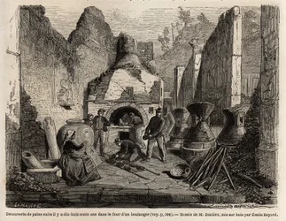 Scoperto vicino a un forno da panetteria e pane conservato nella cenere durante gli scavi del 1864 a Pompei, disegno di Emile Bayard (1837-1891), per illustrare il testo di Marc Monnier (1829-1885) "Pompei e i Pompeiani". Incisione in "Le tour du monde", a