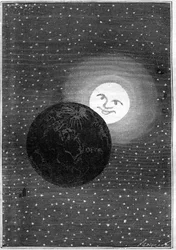 Incisione (di Emile Bayard) del libro di Jules Verne “Intorno alla Luna” (edizione Hetzel/Voyages extraordinaires 1870): la Terra che passa vicino alla luna