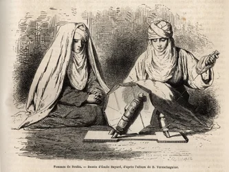 Donne di Bukhara (Uzbekistan), al lavoro per filare, incisione dal disegno di Emile Bayard, per illustrare il viaggio di Basile Vereschaguine in Asia Centrale nel 1867-1868, pubblicato in "Le tour du monde" 1873, a cura di Edouard Charton, Hachette, Parigi