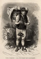 Fruttivendolo, un mercante itinerante di frutta fresca, con il suo cappuccio di trasporto e la bilancia portatile sulla schiena, a Roustchouk (Romania), incisione dal disegno di Emile Bayard, illustrando il viaggio in Bulgaria, di Guillaume Lejean, nel 186