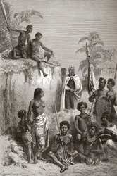 Il re hawaiano Kamehameha I e i suoi guerrieri, illustrazione da «The World in the Hands», pubblicata nel 1878