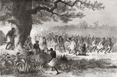 Henry Morton Stanley osserva la tribù Vouagogos prepararsi per la battaglia durante la sua spedizione nel 1871, illustrazione da 