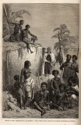 Kamehameha I, re delle Isole Hawaii e fondatore della loro unità, circondato da guerrieri hawaiani e alcuni sudditi a Honolulu, incisione dal disegno di Emile Bayard, illustrando il viaggio alle Isole Sandwich, nel 1855-69, di C