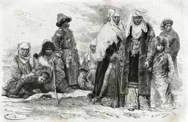 Donne kirghise povere e ricche. Incisione di Emile Bayard, per illustrare le impressioni di viaggio da Orenburg a Samarcanda, di Marie de Ujfalvy-Bourdon, tra il 1876 e il 1878, in Le Tour du monde, diretto da Edouard Charton