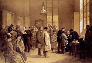 Vaccinazione contro la rabbia: Louis Pasteur (1822-1895) si rivolse ai fan mentre il dottor Gaucher vaccinava un bambino russo, Joseph Meister, contro la rabbia il 6/07/1885 in un laboratorio in via Ulm. Stampe di Emile Bayard (1837-1891) 1886 Parigi, Muse
