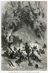 Sir Henri Morton Stanley (1841-1904) tra i bagnanti della regione di Karagoue (Camerun), che si tuffano nella vasca d