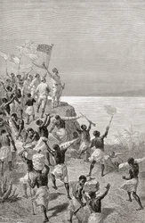 Stanley e la sua spedizione vedono per la prima volta il Tanganica, Africa orientale, nel 1872, illustrazione da 
