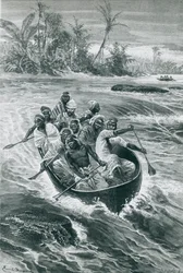 Stanley supera le rapide sul fiume Congo, disegno di Emile Bayard