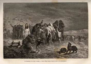Lo stupore degli eschimesi scoprendo le scatole musicali nei pressi di Friedrichsthal (Groenlandia), inciso dal disegno di Emile Bayard, illustrazione del viaggio delle navi La Germania e La Hansa al Polo Nord nel 1869-1870, del Capitano He