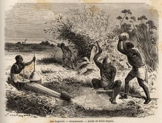 I fabbri, nella regione dei Grandi Laghi, Africa, disegno di Emile Bayard (1837-1891), illustrando il viaggio di scoperta in Africa, dal 1860 al 1863 del Capitano Speke. Incisione in "Le tour du monde", a cura di Edouard Charton