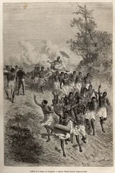 Il corteo della moglie di Cassemmbe passa davanti a Livingstone che la saluta, inciso da un disegno di Emile Bayard, illustrante l