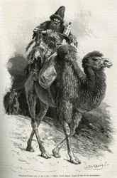 La guida e interprete della spedizione, Chutun Dzamba, 58 anni, accovacciato sul suo cammello, mormorava continuamente preghiere, disegno di Emile Bayard per illustrare il viaggio in Mongolia e nella terra dei Tanguti dal 1870 al 1873, del tenente