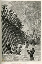 Il passaggio del fiume Lovoi (o fiume del diavolo) (regione del Katanga, Congo) dalla spedizione, disegno di Emile Bayard, per illustrare il viaggio attraverso l