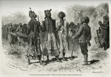 I tre conduttori (o sova), principi di Dombe (Angola), e il loro seguito di musicisti e un cortigiano, mentre vanno incontro all