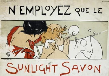 Usa solo sapone Sunlight, madre che fa il bagno al figlio e bucato steso - di Berchmans, fine XIX secolo