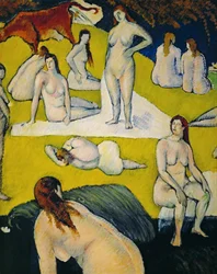 Baigneuses a la vache rouge (olio su tela)