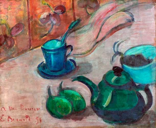 Natura morta con teiera, tazza e frutta. Dipinto di Émile Bernard, 1890