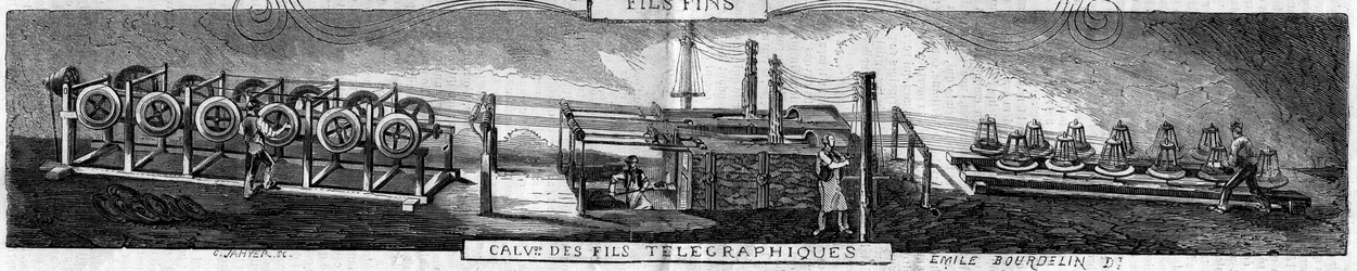 Galvanizzazione del ferro e fili telegrafici nella fabbrica di Grenelle dalla compagnia delle forge della Franca Contea. Incisione di Emile Bourdelin in 