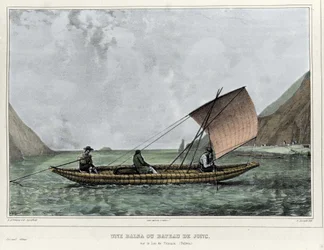 Una balsa o una barca a vela sul Lago Titicaca (Bolivia). Litografia di Emile Lassalle (1813-1871) - in 