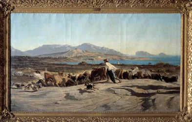 Vista di Marsiglia presa dalle Aygalades, una passeggiata diurna. In primo piano giovani pastori con il gregge