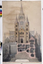 Architettura gotica: facciata della chiesa e taglio delle case abbaziali