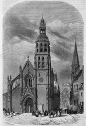 Vista esterna della chiesa di Saint Martin (XV-XVI secolo) di Vendome, Loir e Cher (41), prima della sua demolizione nel 1857. Incisione di Therond in "Le Magasin Pittoresque"