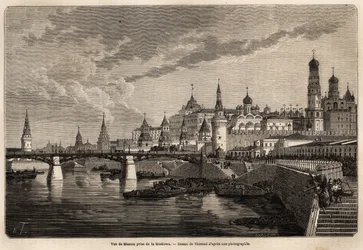 Veduta generale di Mosca, presa dalla Moskowa, disegno di Therond, per illustrare il viaggio da Shanghai a Mosca, dal 1859 al 1862, di M. de Bourboulon, Ministro di Francia in Cina. Incisione in "Le tour du monde", a cura di Edouard Charton