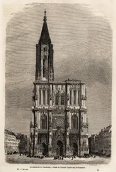 La facciata della cattedrale di Strasburgo. Disegno di Therond per illustrare il viaggio di Victor Duruy da Parigi a Bucarest nel 1860. Incisione in "Le tour du monde" 1861. Collezione Selva