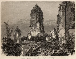Le rovine prese nella vegetazione della giungla, ad Ajuthia (Thailandia), disegno di Therond, per illustrare il viaggio nei regni di Siam, Cambogia e Laos, dal 1858 al 1861, di Henri Mouhot. Incisione in "Le tour du monde"
