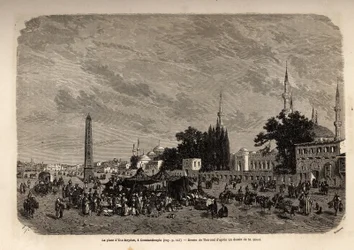La piazza di Ett Meydan, Costantinopoli (odierna Istanbul, Turchia). Disegno di Therond per illustrare lo studio sulle donne turche del 1862 di F. Jerusalemy. Incisione in "Le tour du monde", a cura di Edouard Charton