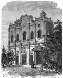 Vista della facciata della cattedrale di Nantang, costruita sul sito della casa di Matteo Ricci (1552-1610), padre del cattolicesimo in Cina. Incisione da un disegno di Therond, in "Le Tour du Monde, Nouveau journal des Voyages", a cura di Edouard Charton