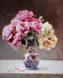 Natura morta di rose in un vaso. Dipinto di Emile Vernon (1872-1919) Collezione privata.