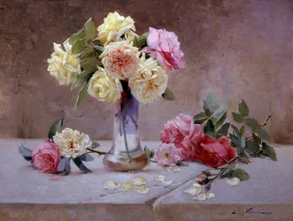 Natura morta di rose rosa e gialle. Dipinto di Emile Vernon (1872-1919) Collezione privata.