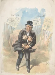 Uomo che stringe sacchi di denaro mentre le banche crollano, fine XIX-inizio XX secolo